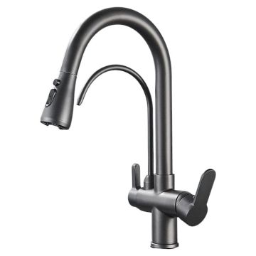 Baterie Chiuveta Bucatarie BisDesign , Functie Apa Filtrata, Dus Extractabil, 3 Functii de Curgere, Finisaj Gri Antracit, Dimensiune 41 cm