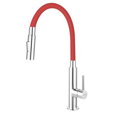 Baterie de bucatarie, Ferro, Zumba Slim 2F, cu pipa flexibila, rosu