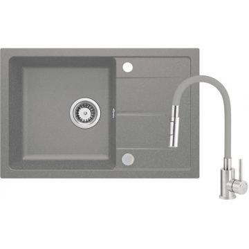 Chiuveta din granit cu baterie, 67x44x16.4 cm, gri metalic, Deante Leda