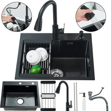 Chiuveta Multifunctionala BisDesign  pentru Bucatarie, Toate Accesoriile Incluse, Dus Extractabil, Dispenser Sapun, Cos Organizator, Material