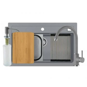 Set chiuveta Alveus Atrox 40 cu baterie Jana G81 gri si accesorii - Dimensiune 79x50 cm