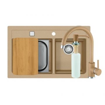 Set chiuveta Alveus Atrox 50 cu baterie Jana G55 bej si accesorii - Dimensiune 79x50 cm