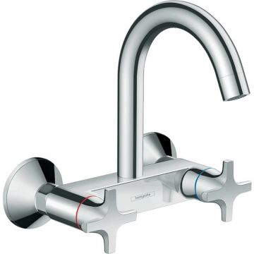 Baterie bucatarie dubla comanda Hansgrohe Logis M32 pipa inalta cu 1 jet manere cruce crom lucios