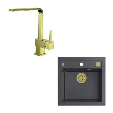 Set chiuveta bucatarie Alveus Formic 20 negru 52x51 cm si baterie Laguna Monarch auriu
