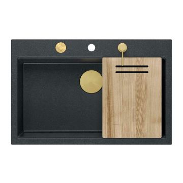 Statie de lucru incastrata cu dozator sapun Quadron Unique Marc negru diamant - auriu 76x50 cm