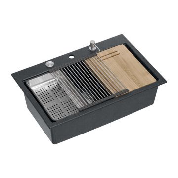 Statie de lucru incastrata Quadron Unique Marc 110 negru diamant - inox 1 cuva 75x49 cm