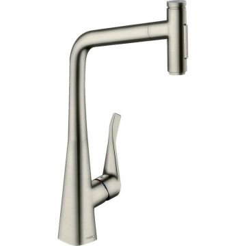 Baterie bucatarie cu dus extractibil Hansgrohe Metris Select M71 240 cu 2 jeturi finisaj otel inoxidabil fara sBox