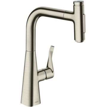 Baterie bucatarie cu dus extractibil Hansgrohe Metris Select M71 240 cu 2 jeturi finisaj otel inoxidabil sBox inclus