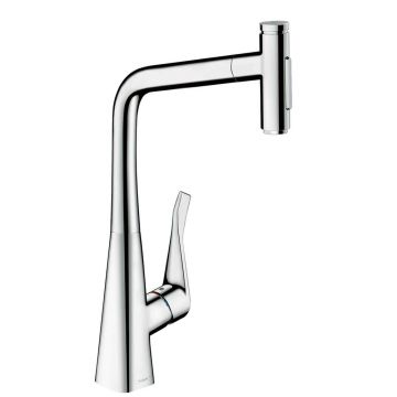 Baterie bucatarie cu dus extractibil Hansgrohe Metris Select M71 320 cu 2 jeturi finisaj crom lucios si sBox