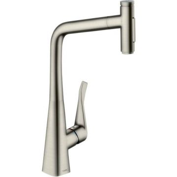 Baterie bucatarie cu dus extractibil Hansgrohe Metris Select M71 320 cu 2 jeturi finisaj otel inoxidabil sBox inclus