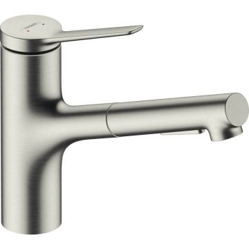 Baterie bucatarie cu dus extractibil Hansgrohe Zesis M33 150 cu pulverizator metalic 2 jeturi finisaj otel inoxidabil