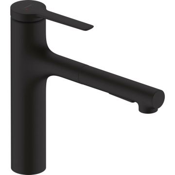 Baterie bucatarie cu dus extractibil negru mat Hansgrohe Zesis M33 160 cu 2 jeturi