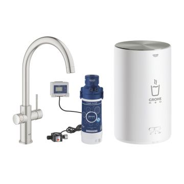 Baterie bucatarie Grohe Red Duo crom periat Supersteel pipa tip C si boiler marimea M