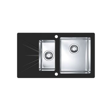 Chiuveta bucatarie inox doua cuve si sticla securizata neagra, cuva dreapta, Alveus Karat 20