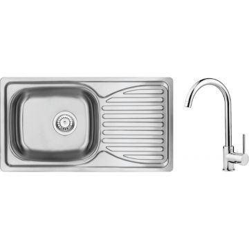 Set chiuveta bucatarie inox cu picurator si baterie crom Deante, Doppio