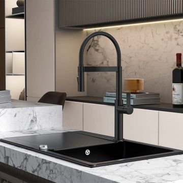 Baterie bucatarie cu pipa flexibila Inter Ceramic finisaj negru mat cu 2 functii
