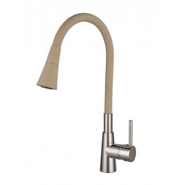 Baterie bucatarie cu pipa flexibila Inter Ceramic Havana finisaj crom lucios-bej mat cu 2 functii