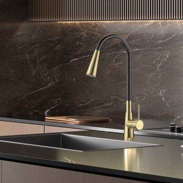 Baterie bucatarie cu pipa flexibila Inter Ceramic Havana finisaj negru mat-auriu periat cu 2 functii