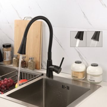 Baterie bucatarie cu pipa flexibila Inter Ceramic Havana finisaj negru mat cu 2 functii