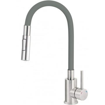 Baterie pentru chiuveta bucatarie, antracit, cap mixer, pipa flexibila, 2 tipuri de jet, Deante Luno