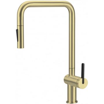 Baterie pentru chiuveta bucatarie, auriu, cap mixer, 2 tipuri de jet, dus extractabil, Deante Momi