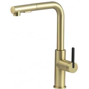 Baterie pentru chiuveta bucatarie, auriu, cap mixer, 2 tipuri de jet, dus extractabil, Deante Momi