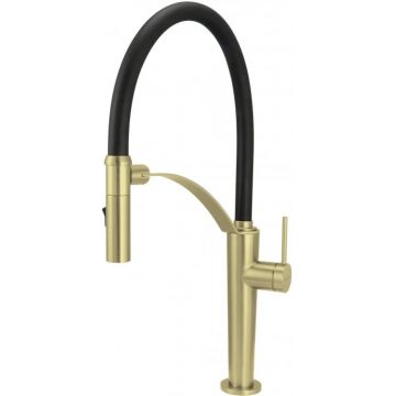 Baterie pentru chiuveta bucatarie, auriu, cap mixer, pipa flexibila, 2 tipuri de jet, Deante Corda