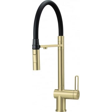Baterie pentru chiuveta bucatarie, auriu, racord pentru filtrul de apa, pipa elastica, Deante Magnetic