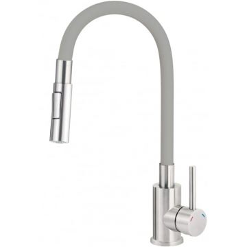 Baterie pentru chiuveta bucatarie, gri, cap mixer, pipa flexibila, 2 tipuri de jet, Deante Luno