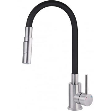 Baterie pentru chiuveta bucatarie, negru, cap mixer, pipa flexibila, 2 tipuri de jet, Deante Luno