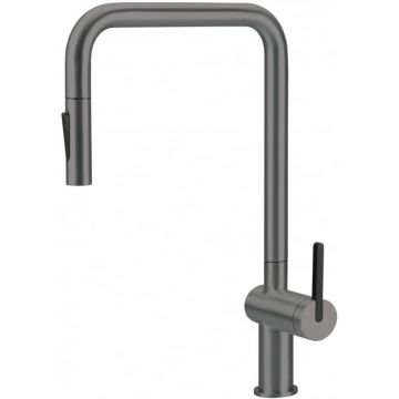Baterie pentru chiuveta bucatarie, titan, cap mixer, 2 tipuri de jet, dus extractabil, Deante Momi