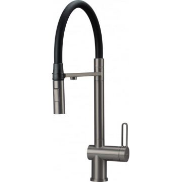 Baterie pentru chiuveta bucatarie, titan, racord pentru filtrul de apa, pipa elastica, Deante Magnetic