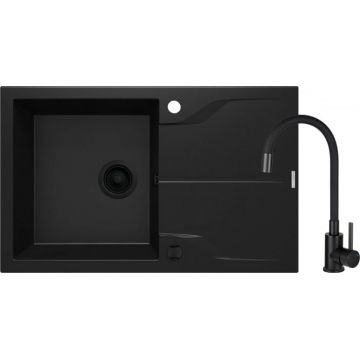 Chiuveta bucatarie din granit, dreptunghiulara, cu picurator, baterie inclusa, negru, Deante Andante