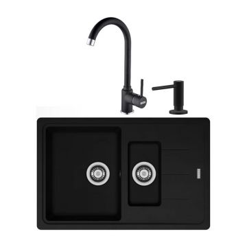 Set chiuveta bucatarie compozit Franke Basis 1 cuva 1/2 cu picurator 78x50 cm negru mat cu baterie Pola si dozator detergent