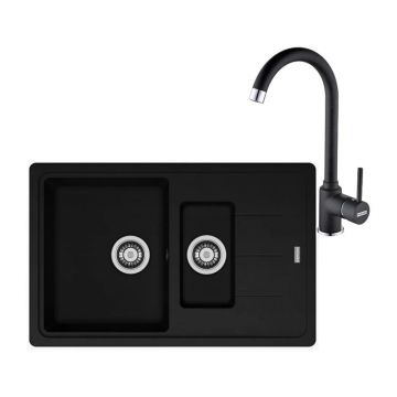 Set chiuveta bucatarie compozit Franke Basis 1 cuva 1/2 cu picurator 78x50 cm negru mat cu baterie Pola