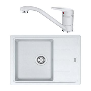 Set chiuveta bucatarie compozit Franke Basis 1 cuva cu picurator 62x50 cm reversibila finisaj alb mat cu baterie