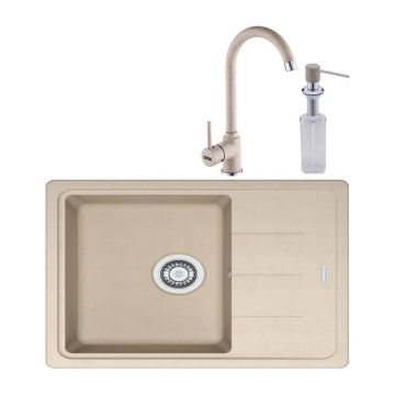 Set chiuveta bucatarie compozit Franke Basis 1 cuva cu picurator 62x50 cm reversibila finisaj bej mat cu baterie si dozator detergent