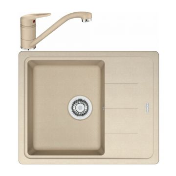 Set chiuveta bucatarie compozit Franke Basis 1 cuva cu picurator 62x50 cm reversibila finisaj bej mat cu baterie