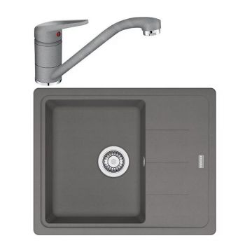 Set chiuveta bucatarie compozit Franke Basis 1 cuva cu picurator 62x50 cm reversibila finisaj Stone Grey mat cu baterie