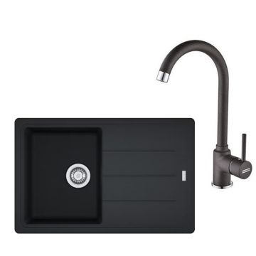 Set chiuveta bucatarie compozit Franke Basis 1 cuva cu picurator 78x50 cm finisaj negru mat cu baterie Pola