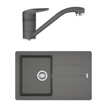 Set chiuveta bucatarie compozit Franke Basis 1 cuva cu picurator 78x50 cm finisaj Stone Grey mat cu baterie Novara Plus
