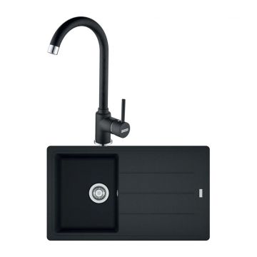 Set chiuveta bucatarie compozit Franke Basis 1 cuva cu picurator 86x50 cm finisaj negru mat cu baterie Pola
