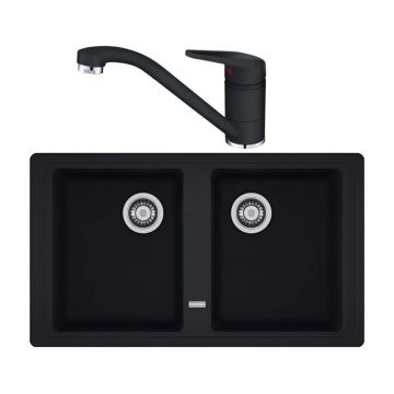 Set chiuveta bucatarie compozit Franke Basis 2 cuve fara picurator 86x50 cm finisaj negru mat cu baterie Novara Plus