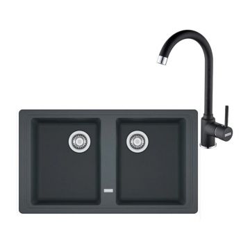 Set chiuveta bucatarie compozit Franke Basis 2 cuve fara picurator 86x50 cm finisaj negru mat cu baterie Pola