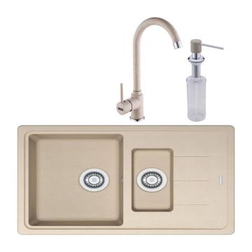 Set chiuveta bucatarie compozit Franke Basis Avena 1 cuva 1/2 cu picurator 78x50 cm bej mat cu baterie Pola si dozator detergent