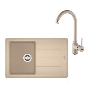 Set chiuveta bucatarie compozit Franke Basis Avena 1 cuva cu picurator 78x50 cm finisaj bej mat cu baterie Pola