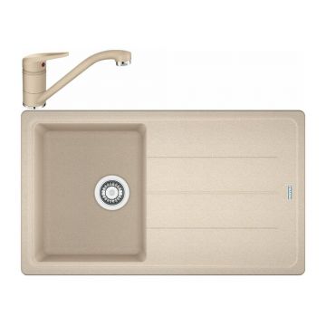 Set chiuveta bucatarie compozit Franke Basis Avena 1 cuva cu picurator 86x50 cm finisaj bej mat cu baterie Novara Plus