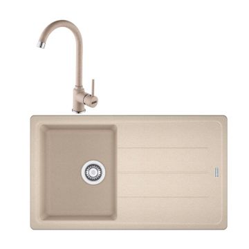 Set chiuveta bucatarie compozit Franke Basis Avena 1 cuva cu picurator 86x50 cm finisaj bej mat cu baterie Pola