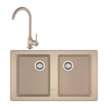 Set chiuveta bucatarie compozit Franke Basis Avena 2 cuve fara picurator 86x50 cm finisaj bej mat cu baterie Pola