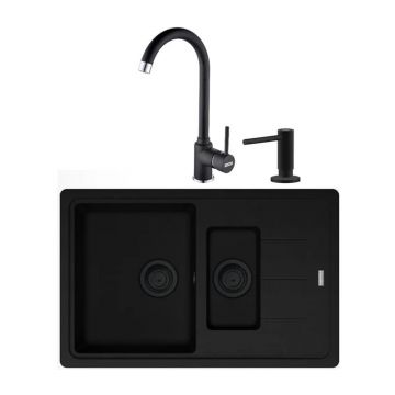 Set chiuveta bucatarie compozit Franke Basis VN 1 cuva 1/2 cu picurator 78x50 cm negru mat cu baterie Pola si dozator detergent